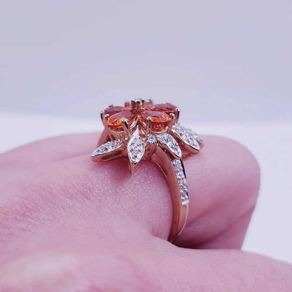 10k Solid Yellow Gold Genuine Spessartite Mandarin Garnet & Diamond Flower Ring
